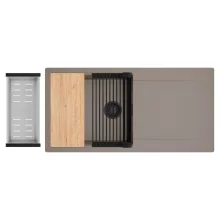 HD Onyx Tortora 100 egymedencés gránit mosogatótálca szett, csepegtetőtálcával, vágódeszkával, matt fekete csepegtetőráccsal és krómozott kosárral, tortora színben, matt fekete leeresztő szifonnal