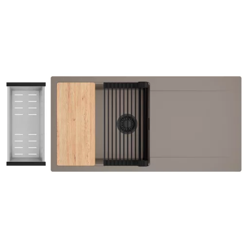 HD Onyx Tortora 100 egymedencés gránit mosogatótálca szett, csepegtetőtálcával, vágódeszkával, matt fekete csepegtetőráccsal és krómozott kosárral, tortora színben, matt fekete leeresztő szifonnal