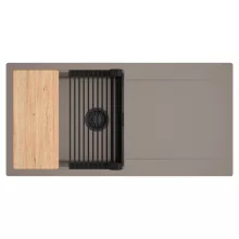 HD Onyx Tortora 100 egymedencés gránit mosogatótálca szett, csepegtetőtálcával, vágódeszkával, matt fekete csepegtetőráccsal, tortora színben, matt fekete leeresztő szifonnal