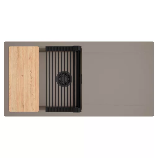 HD Onyx Tortora 100 egymedencés gránit mosogatótálca szett, csepegtetőtálcával, vágódeszkával, matt fekete csepegtetőráccsal, tortora színben, matt fekete leeresztő szifonnal