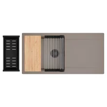 HD Onyx Tortora 100 egymedencés gránit mosogatótálca szett, csepegtetőtálcával, vágódeszkával, acél csepegtetőráccsal és matt fekete kosárral, tortora színben, matt fekete leeresztő szifonnal