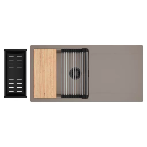 HD Onyx Tortora 100 egymedencés gránit mosogatótálca szett, csepegtetőtálcával, vágódeszkával, acél csepegtetőráccsal és matt fekete kosárral, tortora színben, matt fekete leeresztő szifonnal