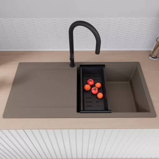 HD Onyx Tortora 100 egymedencés gránit mosogatótálca szett, csepegtetőtálcával, vágódeszkával, acél csepegtetőráccsal és matt fekete kosárral, tortora színben, matt fekete leeresztő szifonnal