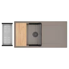 HD Onyx Tortora 100 egymedencés gránit mosogatótálca szett, csepegtetőtálcával, vágódeszkával, acél csepegtetőráccsal és kosárral, tortora színben, matt fekete leeresztő szifonnal