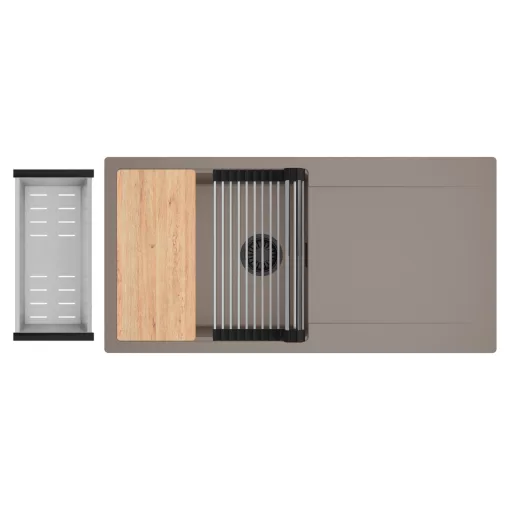 HD Onyx Tortora 100 egymedencés gránit mosogatótálca szett, csepegtetőtálcával, vágódeszkával, acél csepegtetőráccsal és kosárral, tortora színben, matt fekete leeresztő szifonnal