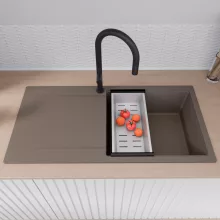 HD Onyx Tortora 100 egymedencés gránit mosogatótálca szett, csepegtetőtálcával, vágódeszkával, acél csepegtetőráccsal és kosárral, tortora színben, matt fekete leeresztő szifonnal