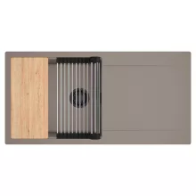 HD Onyx Tortora 100 egymedencés gránit mosogatótálca szett, csepegtetőtálcával, vágódeszkával, acél csepegtetőráccsal, tortora színben, matt fekete leeresztő szifonnal