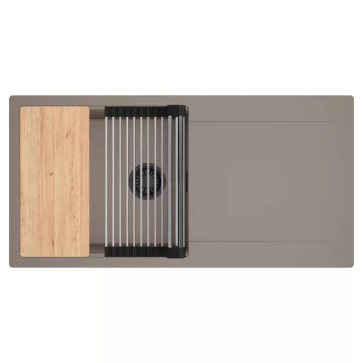 HD Onyx Tortora 100 egymedencés gránit mosogatótálca szett, csepegtetőtálcával, vágódeszkával, acél csepegtetőráccsal, tortora színben, matt fekete leeresztő szifonnal