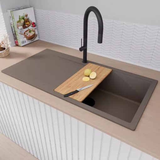 HD Onyx Tortora 100 egymedencés gránit mosogatótálca szett, csepegtetőtálcával, vágódeszkával, acél csepegtetőráccsal, tortora színben, matt fekete leeresztő szifonnal