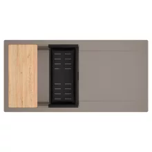 HD Onyx Tortora 100 egymedencés gránit mosogatótálca szett, csepegtetőtálcával, vágódeszkával, matt fekete csepegtetőkosárral, tortora színben, matt fekete leeresztő szifonnal