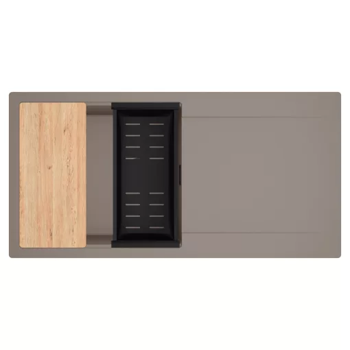 HD Onyx Tortora 100 egymedencés gránit mosogatótálca szett, csepegtetőtálcával, vágódeszkával, matt fekete csepegtetőkosárral, tortora színben, matt fekete leeresztő szifonnal