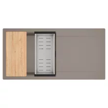 HD Onyx Tortora 100 egymedencés gránit mosogatótálca szett, csepegtetőtálcával, vágódeszkával, acél csepegtetőkosárral, tortora színben, matt fekete leeresztő szifonnal