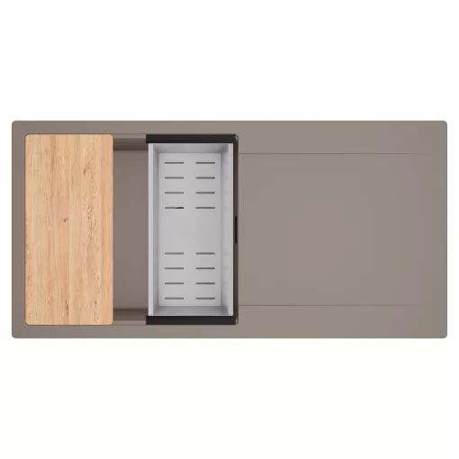 HD Onyx Tortora 100 egymedencés gránit mosogatótálca szett, csepegtetőtálcával, vágódeszkával, acél csepegtetőkosárral, tortora színben, matt fekete leeresztő szifonnal