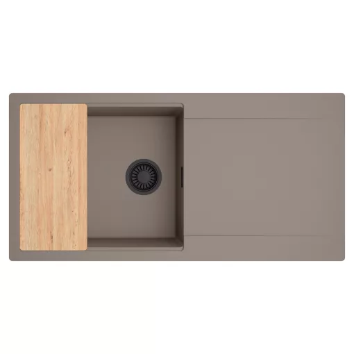 HD Onyx Tortora 100 egymedencés gránit mosogatótálca, vágódeszkával, tortora színben, matt fekete leeresztő szifonnal
