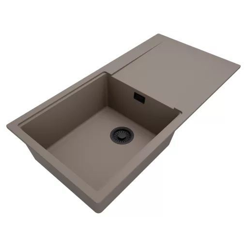 HD Onyx Tortora 100 egymedencés gránit mosogatótálca, vágódeszkával, tortora színben, matt fekete leeresztő szifonnal