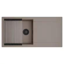 HD Onyx Tortora 100 egymedencés mosogatótálca szett, acél csepegtetőráccsal, csepegtetőtálcával, tortora színben, matt fekete leeresztő szifonnal