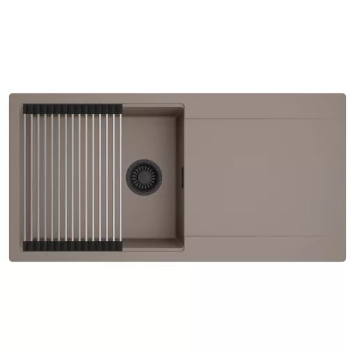 HD Onyx Tortora 100 egymedencés mosogatótálca szett, acél csepegtetőráccsal, csepegtetőtálcával, tortora színben, matt fekete leeresztő szifonnal