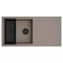 HD Onyx Tortora 100 egymedencés mosogatótálca szett, matt fekete csepegtetőkosárral, csepegtetőtálcával, tortora színben, matt fekete leeresztő szifonnal