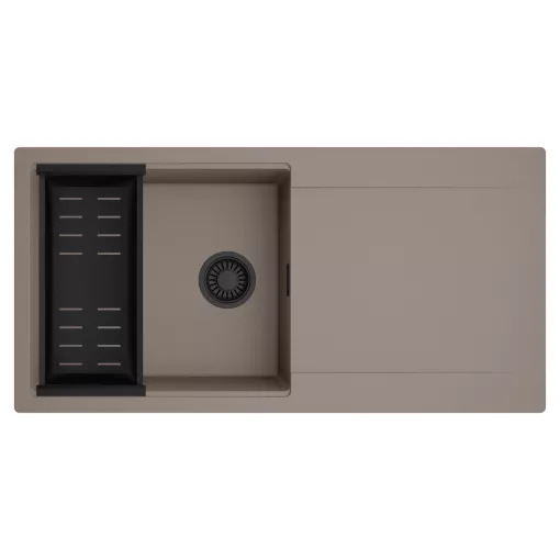 HD Onyx Tortora 100 egymedencés mosogatótálca szett, matt fekete csepegtetőkosárral, csepegtetőtálcával, tortora színben, matt fekete leeresztő szifonnal