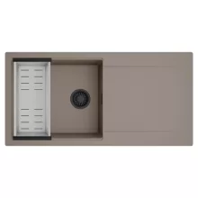 HD Onyx Tortora 100 egymedencés mosogatótálca szett, acél csepegtetőkosárral, csepegtetőtálcával, tortora színben, matt fekete leeresztő szifonnal