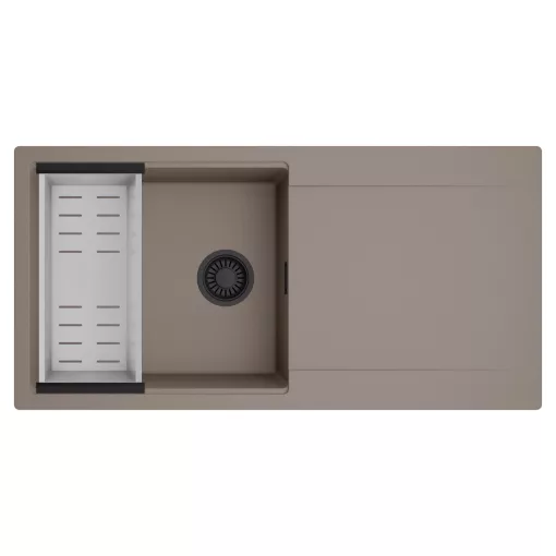 HD Onyx Tortora 100 egymedencés mosogatótálca szett, acél csepegtetőkosárral, csepegtetőtálcával, tortora színben, matt fekete leeresztő szifonnal