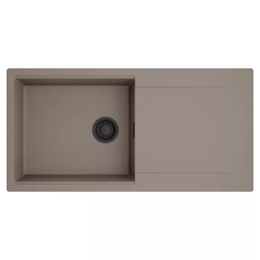 HD Onyx Tortora 100 egymedencés mosogatótálca, csepegtetőtálcával, tortora színben, matt fekete leeresztő szifonnal