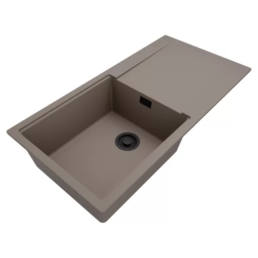 HD Onyx Tortora 100 egymedencés mosogatótálca, csepegtetőtálcával, tortora színben, matt fekete leeresztő szifonnal