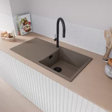 HD Onyx Tortora 100 egymedencés mosogatótálca, csepegtetőtálcával, tortora színben, matt fekete leeresztő szifonnal