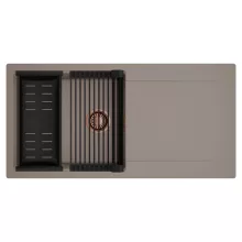 HD Onyx Tortora 100 egymedencés mosogatótálca szett, matt fekete csepegtetőráccsal és kosárral, csepegtetőtálcával, tortora színben, szálcsiszolt réz leeresztő szifonnal