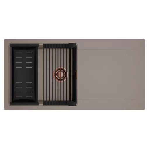 HD Onyx Tortora 100 egymedencés mosogatótálca szett, matt fekete csepegtetőráccsal és kosárral, csepegtetőtálcával, tortora színben, szálcsiszolt réz leeresztő szifonnal