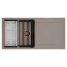 HD Onyx Tortora 100 egymedencés mosogatótálca szett, matt fekete csepegtetőráccsal és krómozott kosárral, csepegtetőtálcával, tortora színben, szálcsiszolt réz leeresztő szifonnal