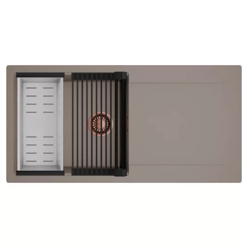 HD Onyx Tortora 100 egymedencés mosogatótálca szett, matt fekete csepegtetőráccsal és krómozott kosárral, csepegtetőtálcával, tortora színben, szálcsiszolt réz leeresztő szifonnal