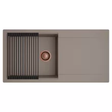 HD Onyx Tortora 100 egymedencés mosogatótálca szett, matt fekete csepegtetőráccsal, csepegtetőtálcával, tortora színben, szálcsiszolt réz leeresztő szifonnal