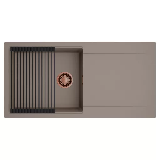 HD Onyx Tortora 100 egymedencés mosogatótálca szett, matt fekete csepegtetőráccsal, csepegtetőtálcával, tortora színben, szálcsiszolt réz leeresztő szifonnal