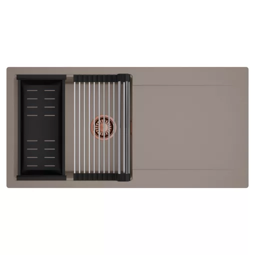 HD Onyx Tortora 100 egymedencés mosogatótálca szett, acél csepegtetőráccsal és matt fekete kosárral, csepegtetőtálcával, tortora színben, szálcsiszolt réz leeresztő szifonnal