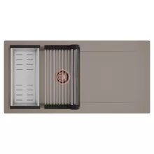 HD Onyx Tortora 100 egymedencés mosogatótálca szett, acél csepegtetőráccsal és kosárral, csepegtetőtálcával, tortora színben, szálcsiszolt réz leeresztő szifonnal