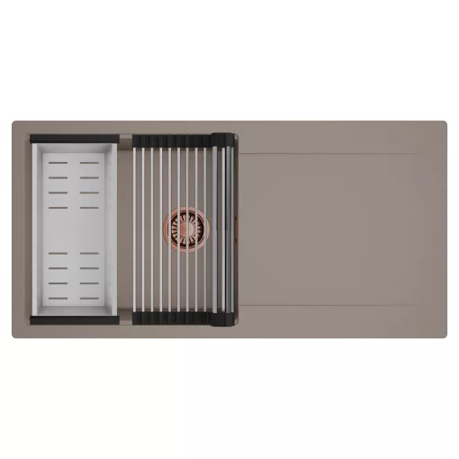 HD Onyx Tortora 100 egymedencés mosogatótálca szett, acél csepegtetőráccsal és kosárral, csepegtetőtálcával, tortora színben, szálcsiszolt réz leeresztő szifonnal