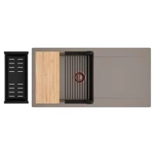 HD Onyx Tortora 100 egymedencés gránit mosogatótálca szett, csepegtetőtálcával, vágódeszkával, matt fekete csepegtetőráccsal és kosárral, tortora színben, szálcsiszolt réz leeresztő szifonnal