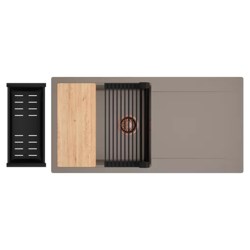 HD Onyx Tortora 100 egymedencés gránit mosogatótálca szett, csepegtetőtálcával, vágódeszkával, matt fekete csepegtetőráccsal és kosárral, tortora színben, szálcsiszolt réz leeresztő szifonnal