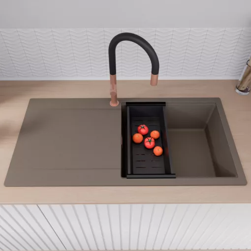 HD Onyx Tortora 100 egymedencés gránit mosogatótálca szett, csepegtetőtálcával, vágódeszkával, matt fekete csepegtetőráccsal és kosárral, tortora színben, szálcsiszolt réz leeresztő szifonnal