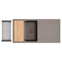 HD Onyx Tortora 100 egymedencés gránit mosogatótálca szett, csepegtetőtálcával, vágódeszkával, matt fekete csepegtetőráccsal és krómozott kosárral, tortora színben, szálcsiszolt réz leeresztő szifonnal