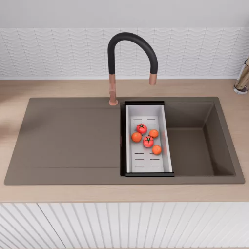 HD Onyx Tortora 100 egymedencés gránit mosogatótálca szett, csepegtetőtálcával, vágódeszkával, matt fekete csepegtetőráccsal és krómozott kosárral, tortora színben, szálcsiszolt réz leeresztő szifonnal