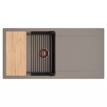 HD Onyx Tortora 100 egymedencés gránit mosogatótálca szett, csepegtetőtálcával, vágódeszkával, matt fekete csepegtetőráccsal, tortora színben, szálcsiszolt réz leeresztő szifonnal