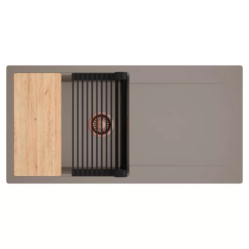 HD Onyx Tortora 100 egymedencés gránit mosogatótálca szett, csepegtetőtálcával, vágódeszkával, matt fekete csepegtetőráccsal, tortora színben, szálcsiszolt réz leeresztő szifonnal