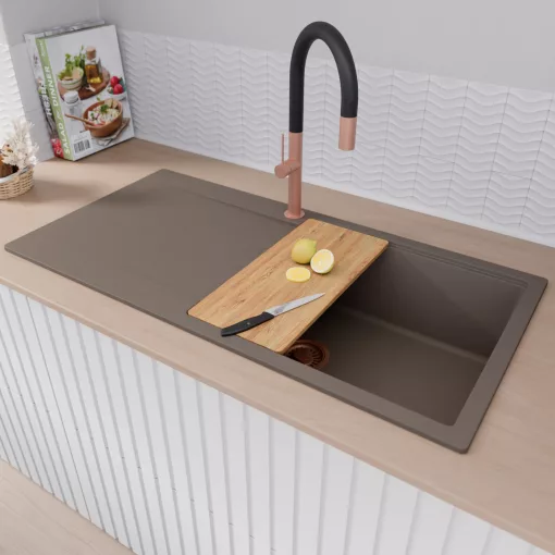 HD Onyx Tortora 100 egymedencés gránit mosogatótálca szett, csepegtetőtálcával, vágódeszkával, matt fekete csepegtetőráccsal, tortora színben, szálcsiszolt réz leeresztő szifonnal