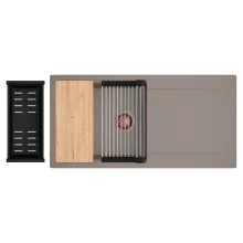 HD Onyx Tortora 100 egymedencés gránit mosogatótálca szett, csepegtetőtálcával, vágódeszkával, acél csepegtetőráccsal és matt fekete kosárral, tortora színben, szálcsiszolt réz leeresztő szifonnal