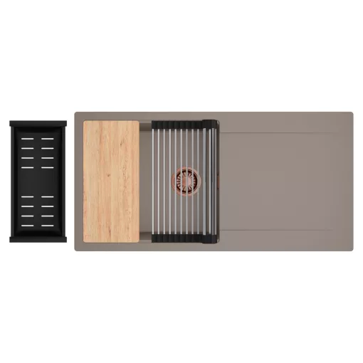 HD Onyx Tortora 100 egymedencés gránit mosogatótálca szett, csepegtetőtálcával, vágódeszkával, acél csepegtetőráccsal és matt fekete kosárral, tortora színben, szálcsiszolt réz leeresztő szifonnal