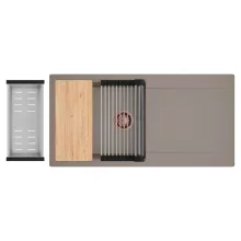 HD Onyx Tortora 100 egymedencés gránit mosogatótálca szett, csepegtetőtálcával, vágódeszkával, acél csepegtetőráccsal és kosárral, tortora színben, szálcsiszolt réz leeresztő szifonnal