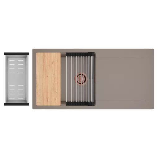 HD Onyx Tortora 100 egymedencés gránit mosogatótálca szett, csepegtetőtálcával, vágódeszkával, acél csepegtetőráccsal és kosárral, tortora színben, szálcsiszolt réz leeresztő szifonnal