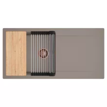 HD Onyx Tortora 100 egymedencés gránit mosogatótálca szett, csepegtetőtálcával, vágódeszkával, acél csepegtetőráccsal, tortora színben, szálcsiszolt réz leeresztő szifonnal